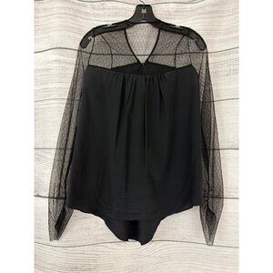 BCBG Sheer Button-Front Blouse With Polka Dot Sheer Netted Sleeves Size M
